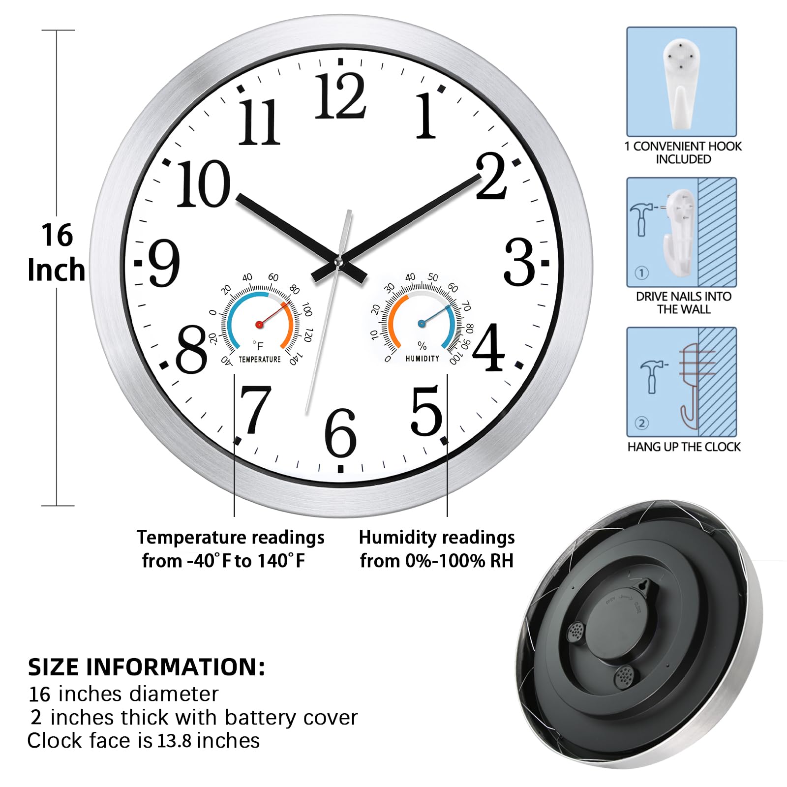 Caysie Horloges étanches pour intérieur et extérieur - 40,6 cm - Avec thermomètre et hygromètre - Silencieuse - Fonctionnement à piles - Horloge murale à quartz pour terrasse, piscine, salle de bain