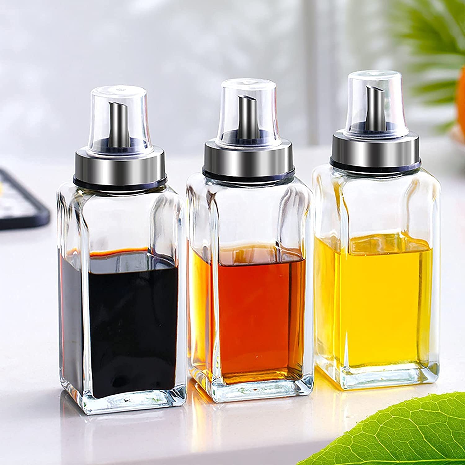 Botellas dispensador de aceite de oliva de vidrio de 300 ml, aceite de cocina y vinagre cruet, cocina, acero inoxidable de la casa tres tipos de boquillas pequeñas botellas de condimento, 3 pack