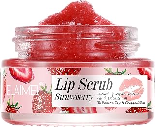 ELAIMEI Strawberry Lip Scrub Exfoliator & Moisturizer - Natural Repair for Chapped, Dry, Flaky Lips