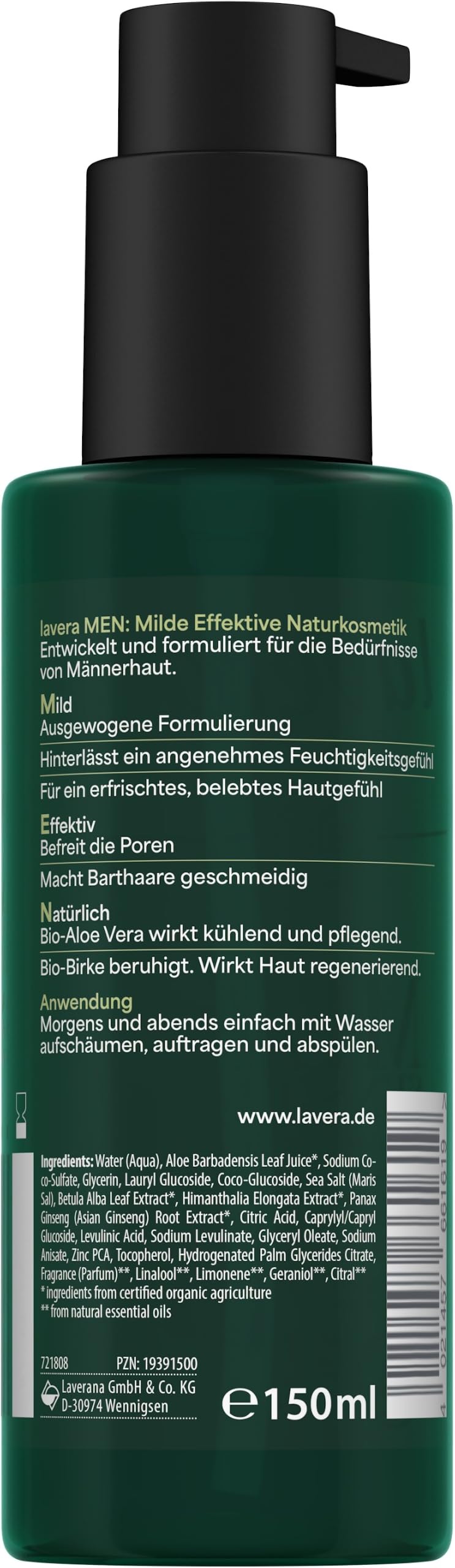 lavera Men sensitiv 2 w 1 żel do mycia twarzy – nawilżający – oczyszczanie bez wysuszania – do skóry wrażliwej – wegański – naturalny kosmetyk – 150 ml