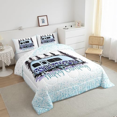 Miniatura 6 de Juego de edredón de tamaño individual para niños, decoración de habitación de niños, ropa de cama de coche de campamento feliz, edredón de plumón