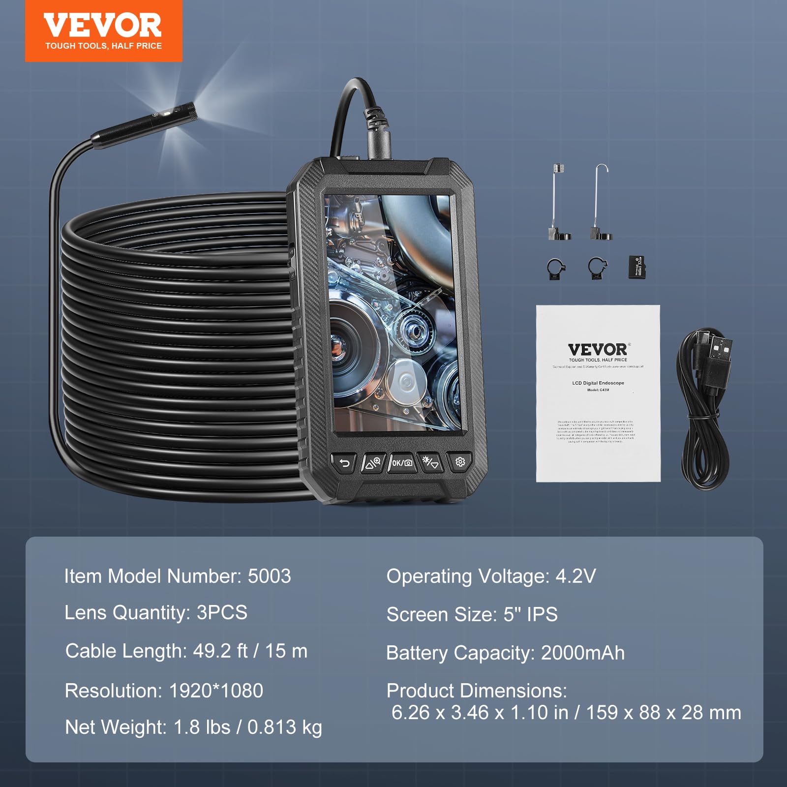 VEVOR Telecamera Endoscopica Luce, Boroscopio a Tripla Lente con Cavo 15 m Scheda 32 GB, Schermo 127 mm 1080P Luci LED, Telecamera a Serpente Impermeabile IP67, Idraulica Telecamera per Ispezione