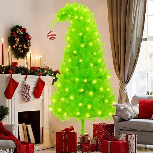 6 FT Grinchie Christmas Tree, Top Curved 6ft Upright 7ft Lime Green Xmas Tree with Tree Skirt, Easy Setup Whimsical Artificial Christmas Tree for Christmas Decorations