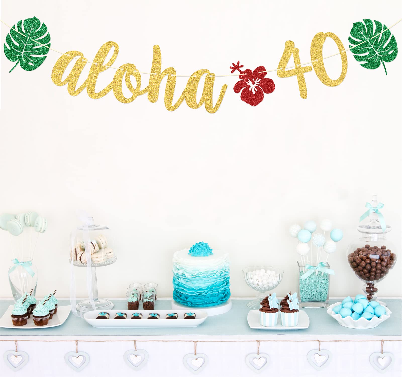 Aloha 40 pancartas, decoraciones de fiesta Aloha, pancarta hawaiana de 40 cumpleaños para decoraciones de fiesta de cumpleaños tropical Luau, decoraciones de hojas de palma, purpurina verde dorado