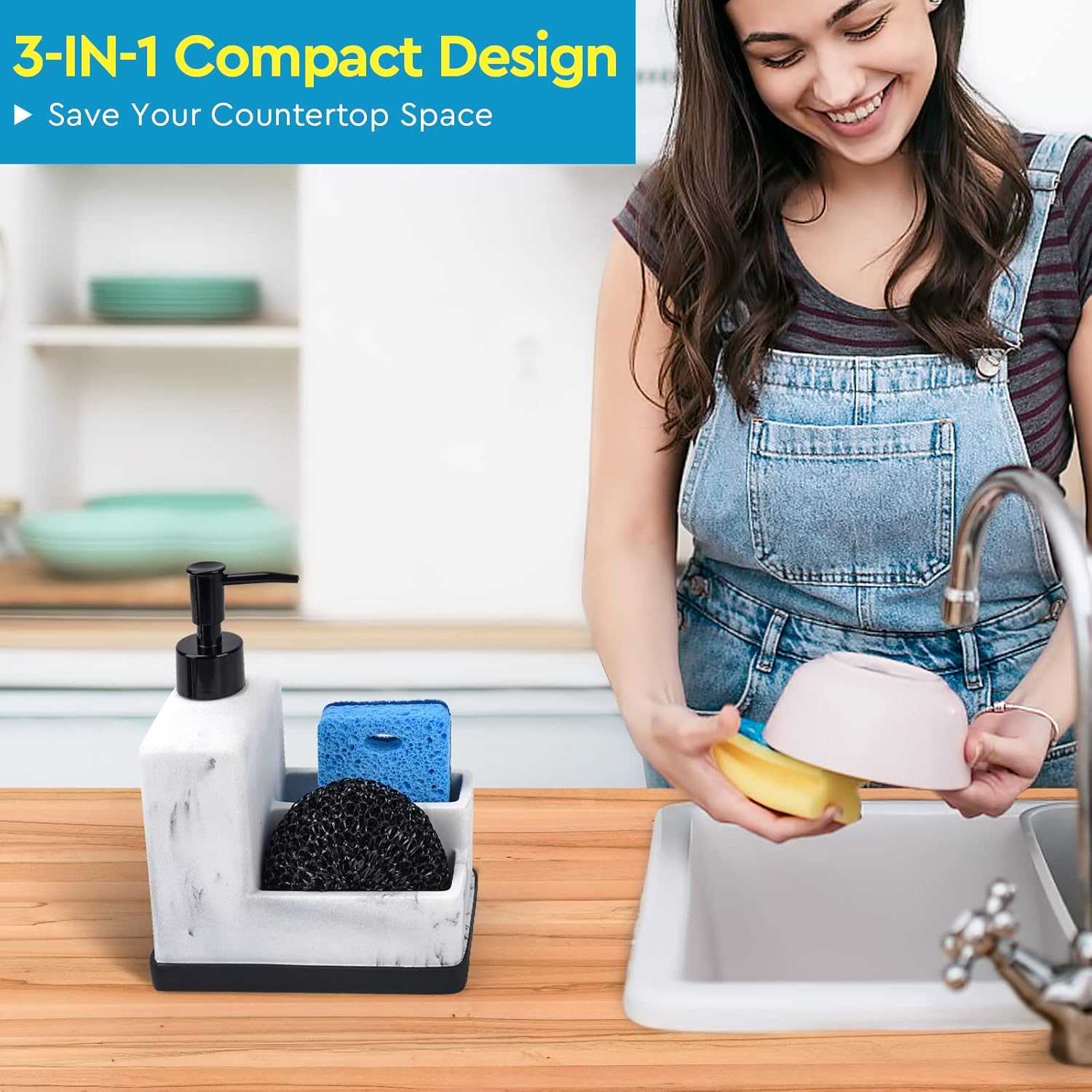 Dish Soap Dispenser with Sponge Holder,White Marble Look Liquid Hand and Dish Soap Dispenser and Spong Caddy with Brush Holder 3 in 1 Countertop Organizer for Kitchen Sink and Bathroom,White