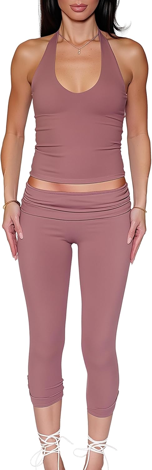 Our New Aura Capri Pants Set for Women – 2 Piece Pants Set, Halter Top, Foldover Waistband, Bodycon Fit, Premium Stretch