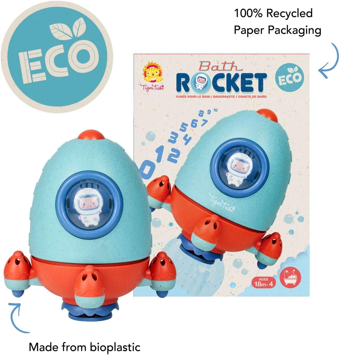 Tiger Tribe: Eco-Friendly Bath Rocket Toy for Kids - Interactive Sensory Bath Time Fun, Floats & Spins, Bioplastic for Toddlers 18 mo+
