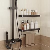 Vista 5 de Danpoo Estantes de baño flotantes negros de 16 pulgadas con toallero, estante de pared de vidrio templado transparente, paquete de 2