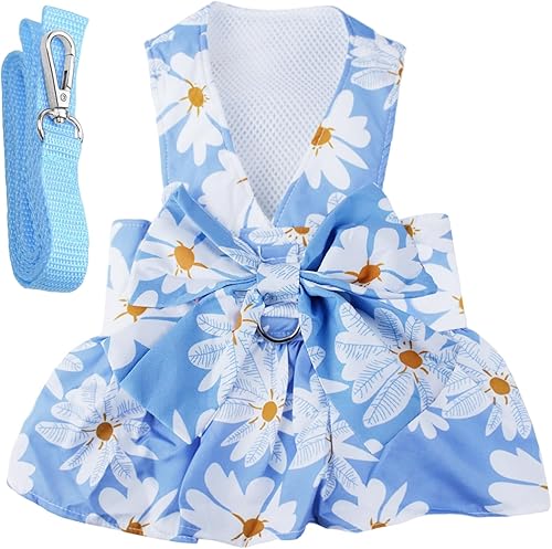 Vestido para Perro con Lazo Conjunto de Arnés y Correa para Perras Pequeñas Azul Margarita Floral Ropa para Perros y Gatos Lindos Trajes para