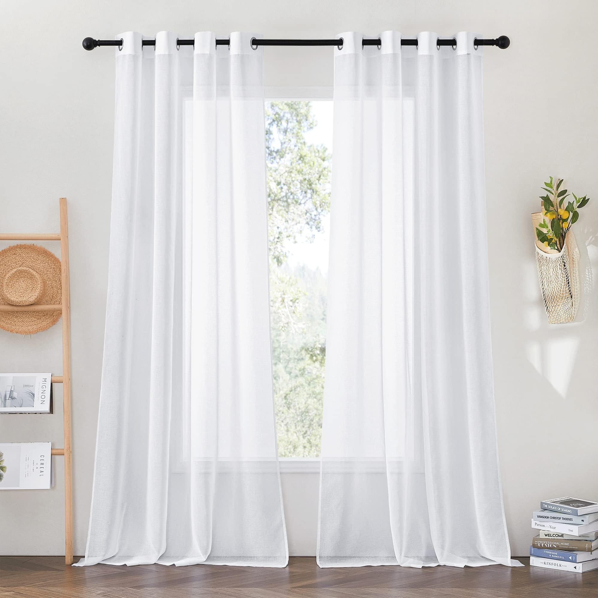 PONY DANCELiving Room Curtains Semi-Transparent White Curtain Linen Look Semi-Transparent Window Curtains with Eyelets Voile Curtains Linen Look 2 Panels, 55 x 102 Inch Drop