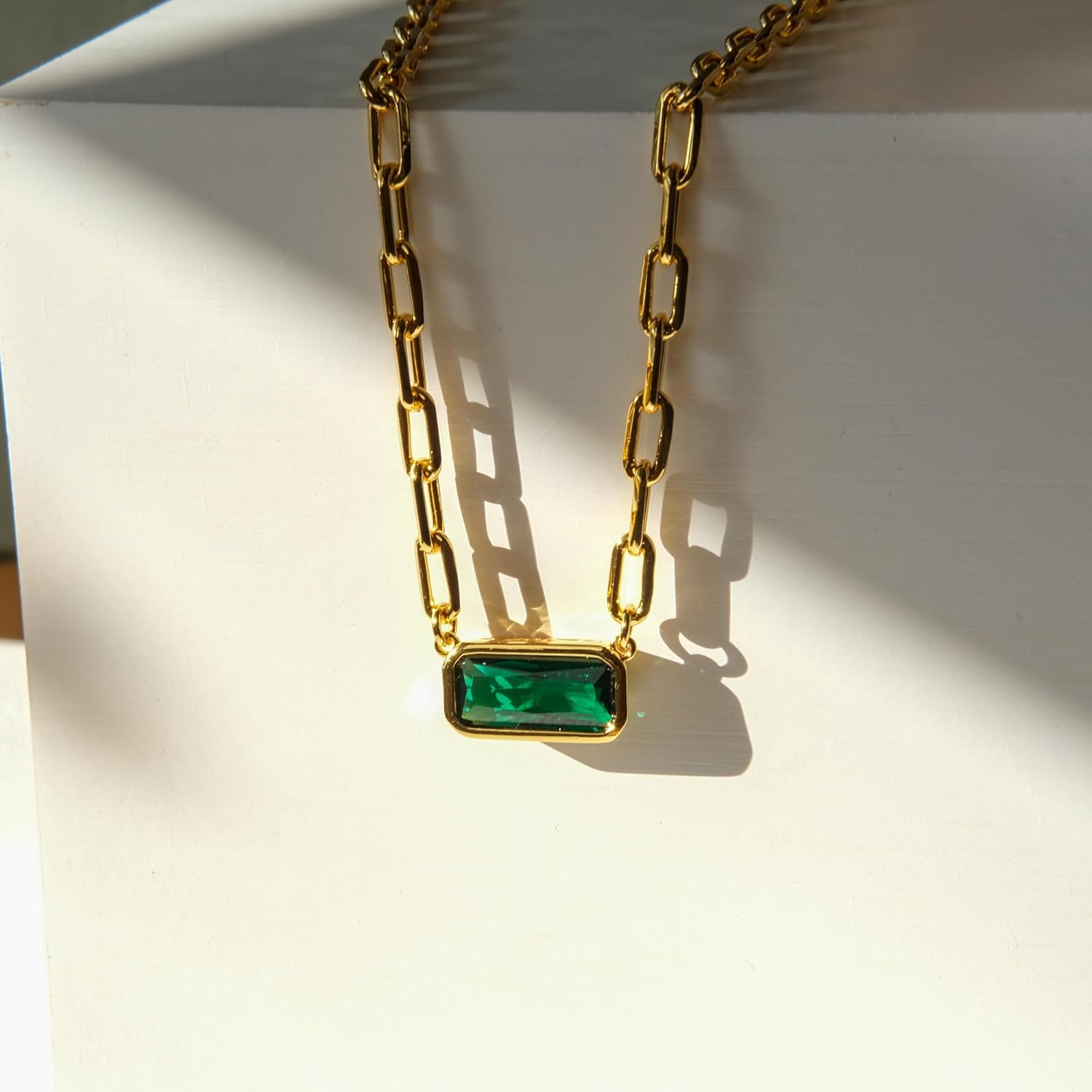 Emerald-Cut Pendant Necklace | Paperclip Gold Link Chain Green CZ Solitaire Pendant Necklace | East West Bezel Set Charm 17+2'' - Image 5