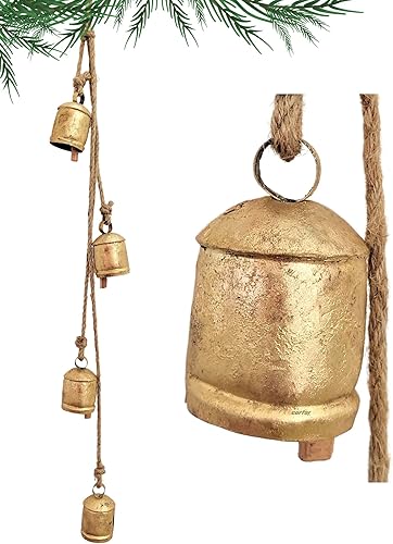 Miniatura 6 de Estilo rústico 4 campanas racimo de estrellas hechas a mano metal armonía Navidad colgantes de vaca campanas en cuerda de yute