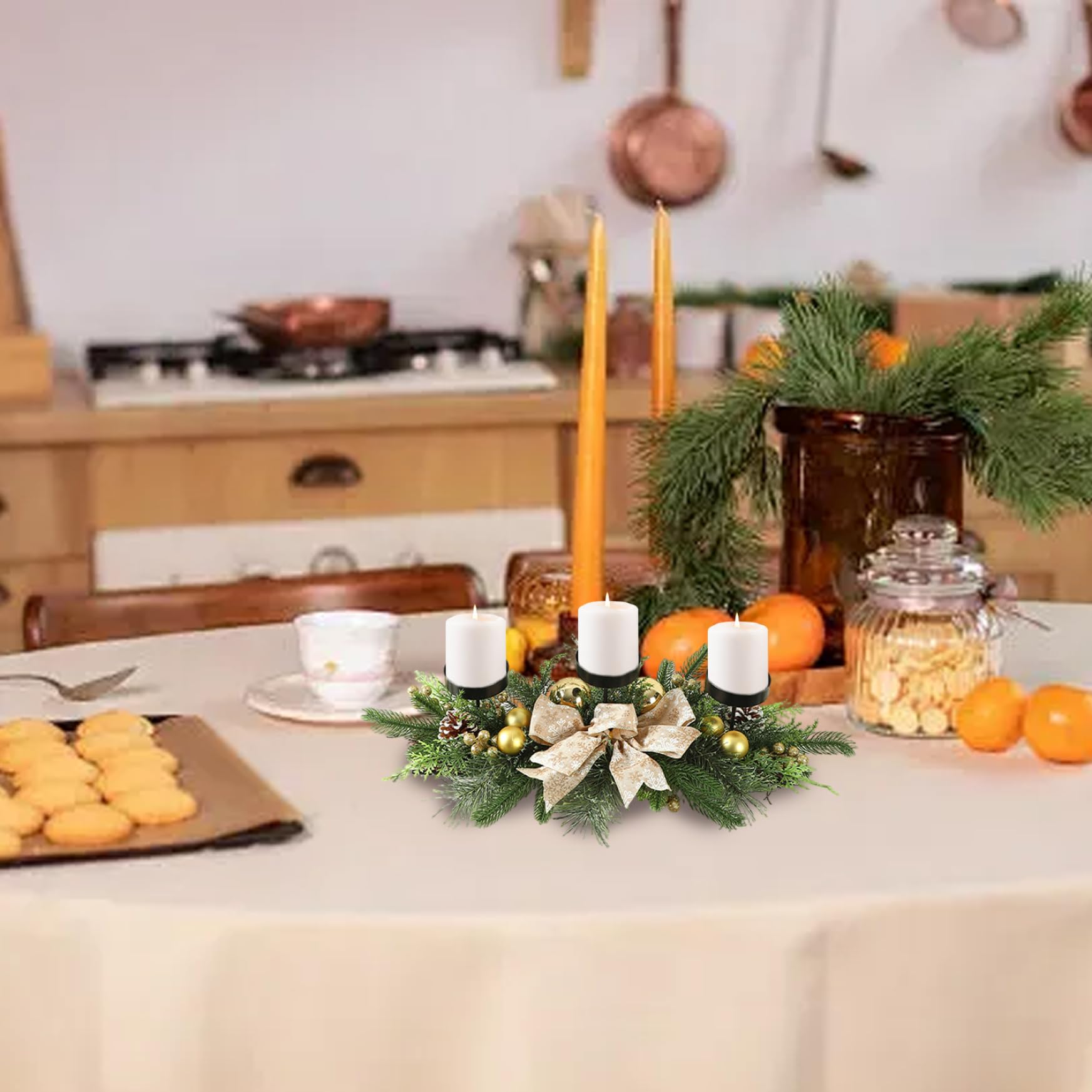 Candelabro navideño con 3 bandejas, centros de Mesa navideños con Lazo, Adornos, Bayas y Agujas de Pino para decoración navideña de Mesa de Fiesta