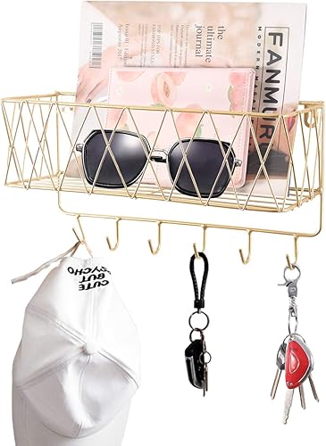 Miniatura 1 de YCOCO Key Holder for Wall,Wall Key Holders Decorative Metal Wire Mesh Mail Storage Basket with 6 Hooks Easy to Organize Letters,Keys,Dog Leashes for