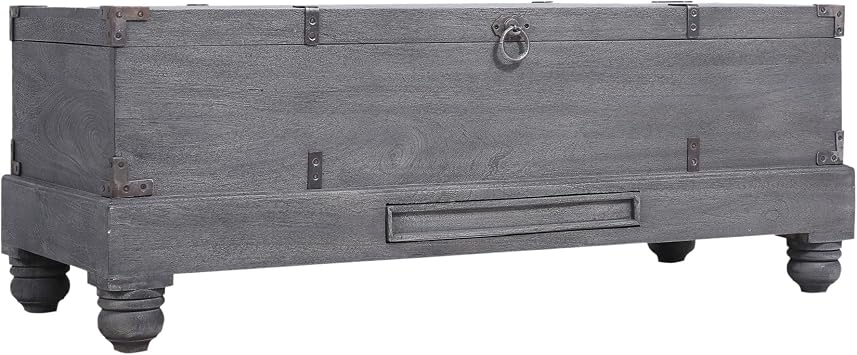 Maven Lane Nerio Handmade Heritage Large Wooden Storage Bench with Hinged Lid for Indoor Entryway or Coffee Table Trunk in Distressed Gray Finish