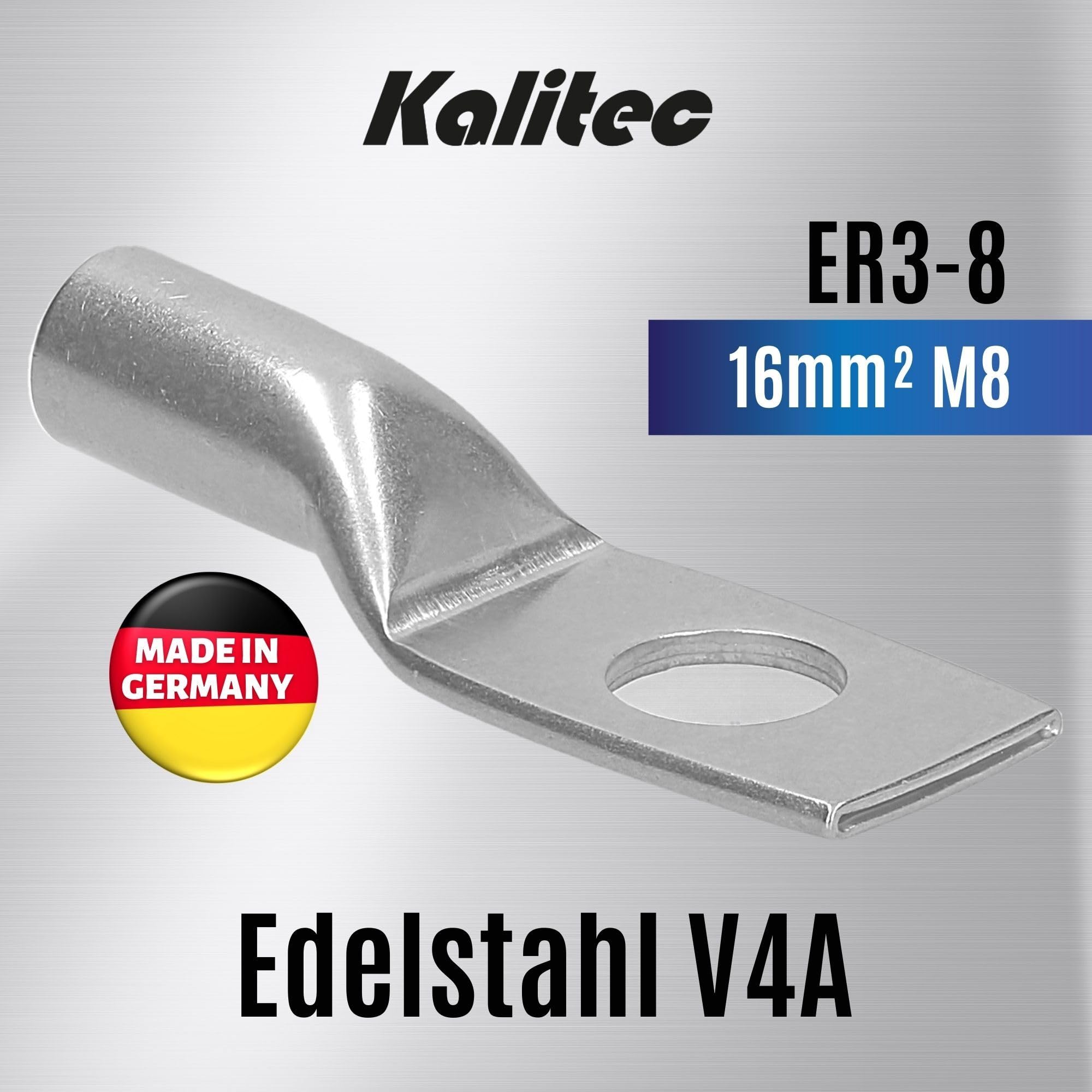 Kalitec ER3-8 Lot de 10 Cosses Tubulaires Inox V4A 16 mm² - Connecteur M8 | Cosses de câble non isolées pour installations électriques, solaires et automobiles - Résistantes à la corrosion