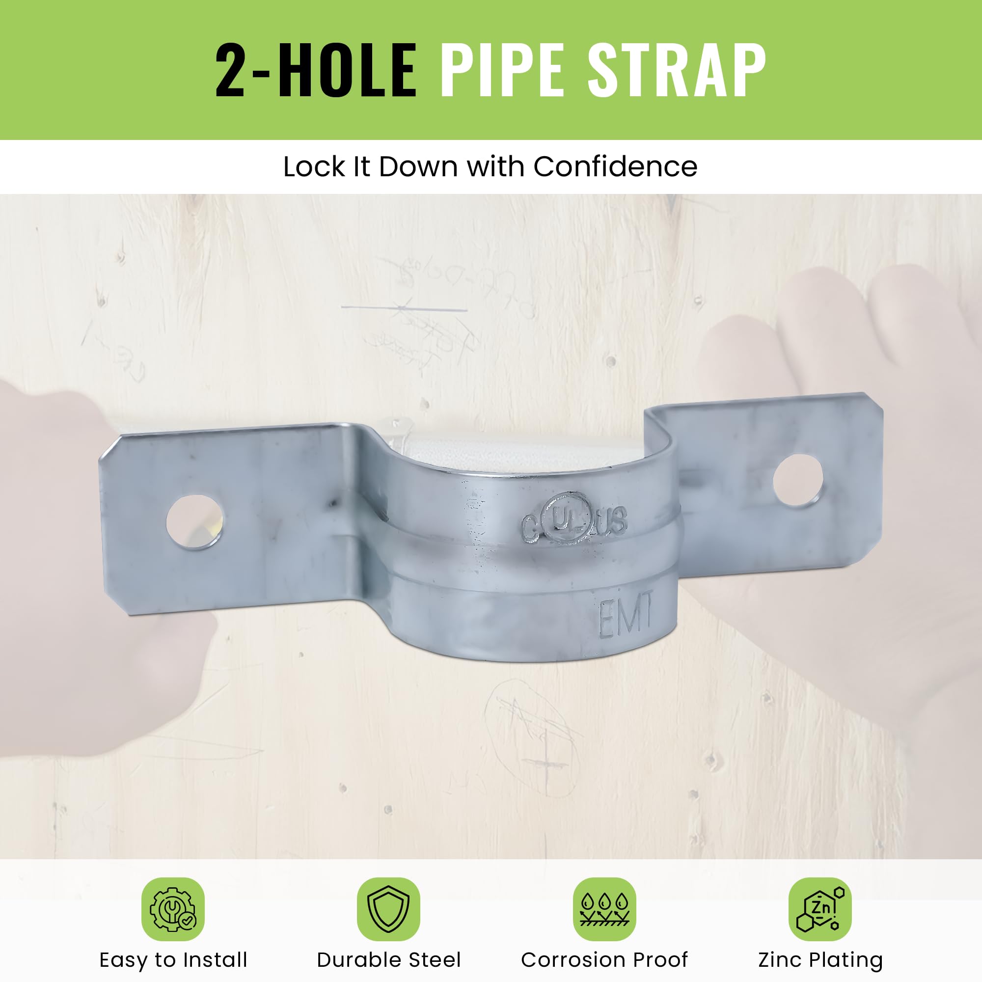 SELECT Lighting Correas de tubo rígidas de 2 agujeros de 1/2 pulgada para EMT, clips de acero chapado en zinc resistentes con costilla reforzada, correa de conducto para tuberías, cables y tubos,