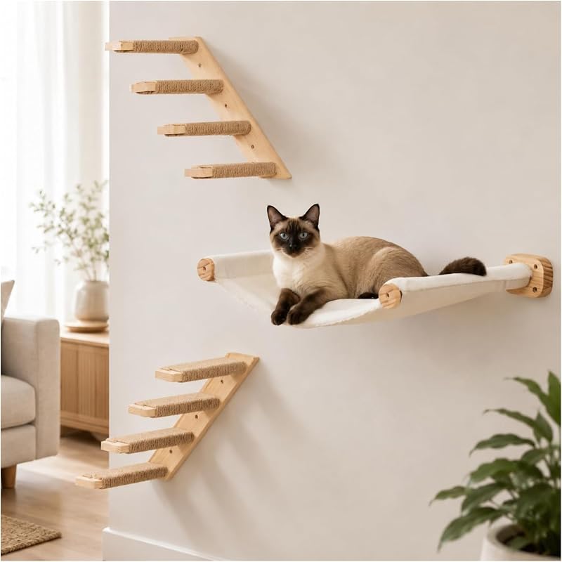 Rede de Parede para Gatos com Prateleira, Cama e 2 Escadas de 4 Degraus PELUOMOZ YM480