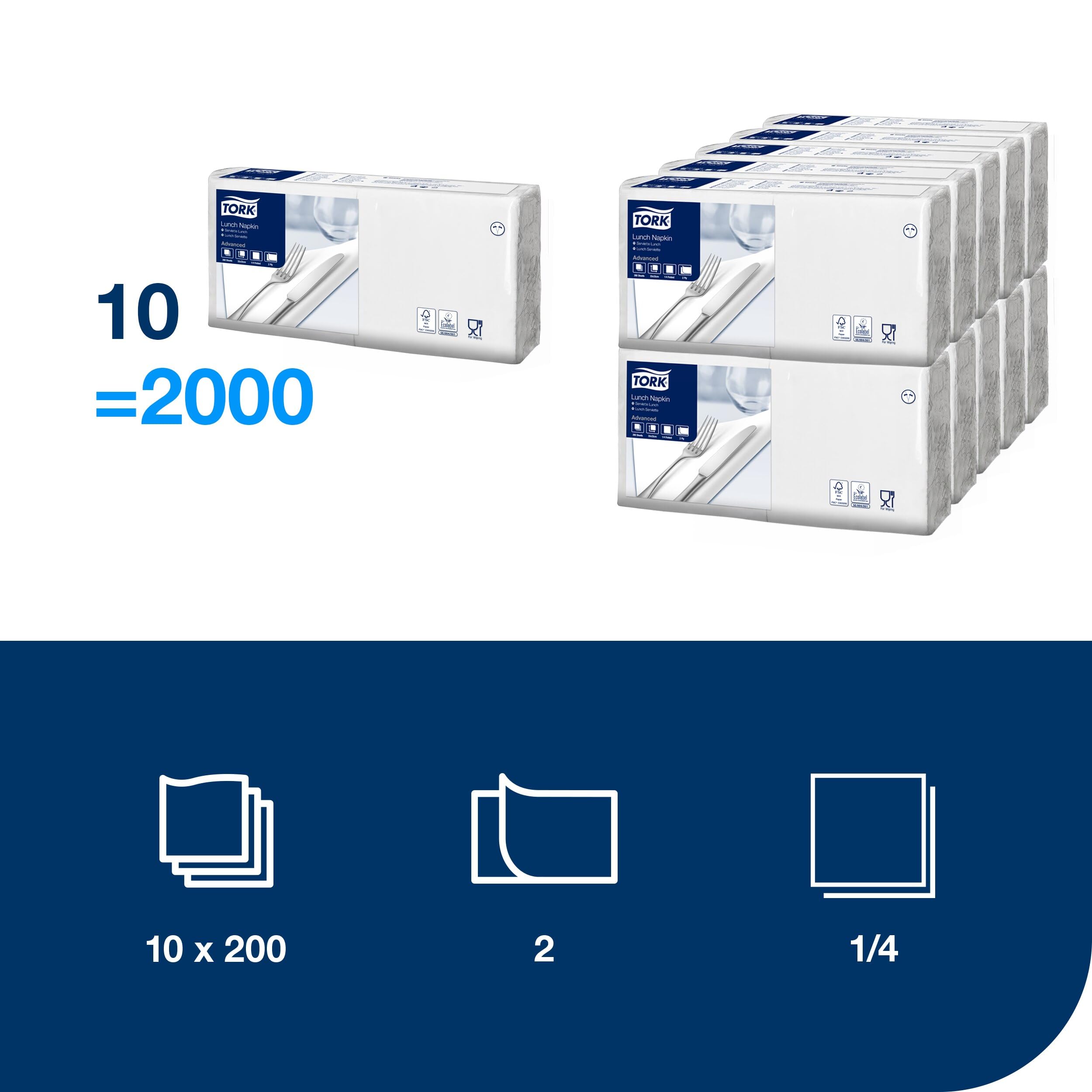 Tork Servilleta de Almuerzo Blanca, Plegado 1/4, 2 capas, 33 cm x 33 cm, 10 x 200 servilletas, 477149