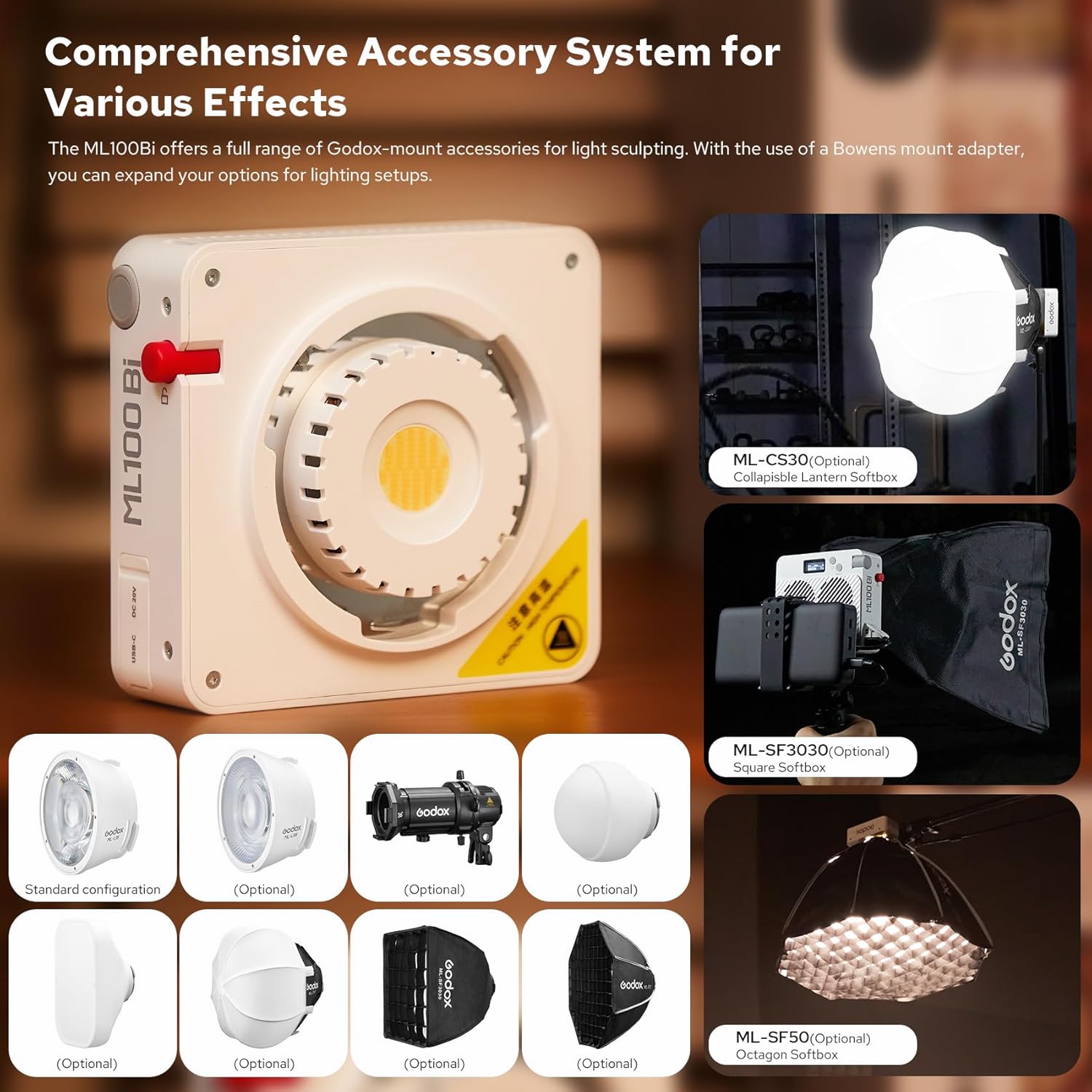 Godox ML100Bi LED Video Light with 100W Bi-Color 2800-6500K, 98+ TLCI/97+ CRI Type-C&Multiple Power Options, Compact Portable Design - 11 FX Effects & Rich Accessories for Camera, Vlog, Photography