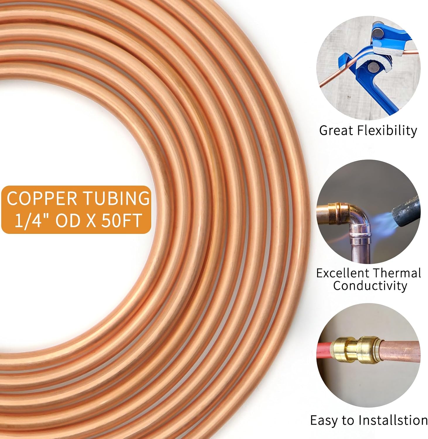 Copper Tubing 1/4" OD x 3/16" ID x 50Ft, T2 Pure Copper Tube Soft Coil, Metal Round Seamless Pipe Tubing for Air Conditioning Refrigerator, Industry,DIY
