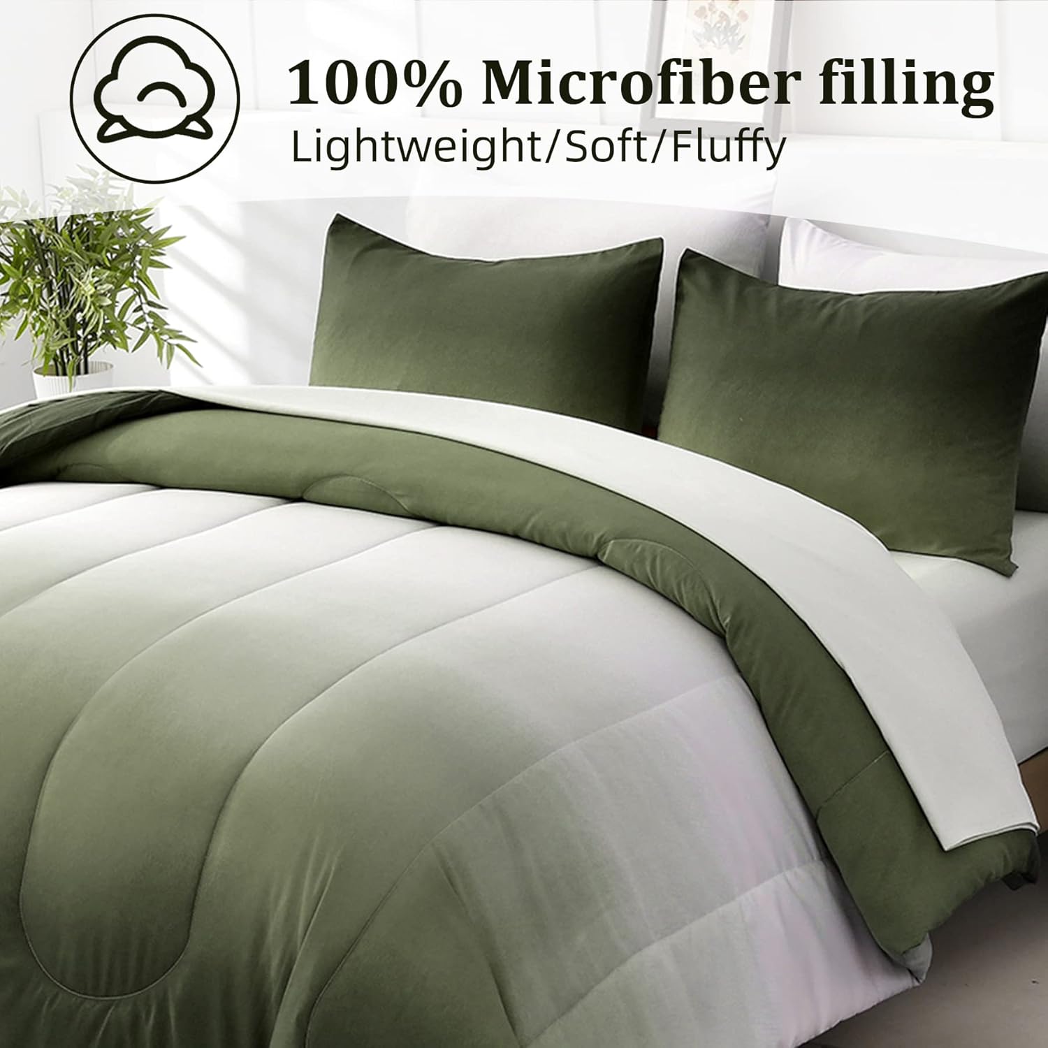 Anibedding Comforter Set Queen Green 7 Pieces Gradient Olive Green Lightweight Bed in a Bag Queen Size Set, All Season Complete Bedding Set with Flat/Fitted Sheet, Pillowcases Pillow Shams