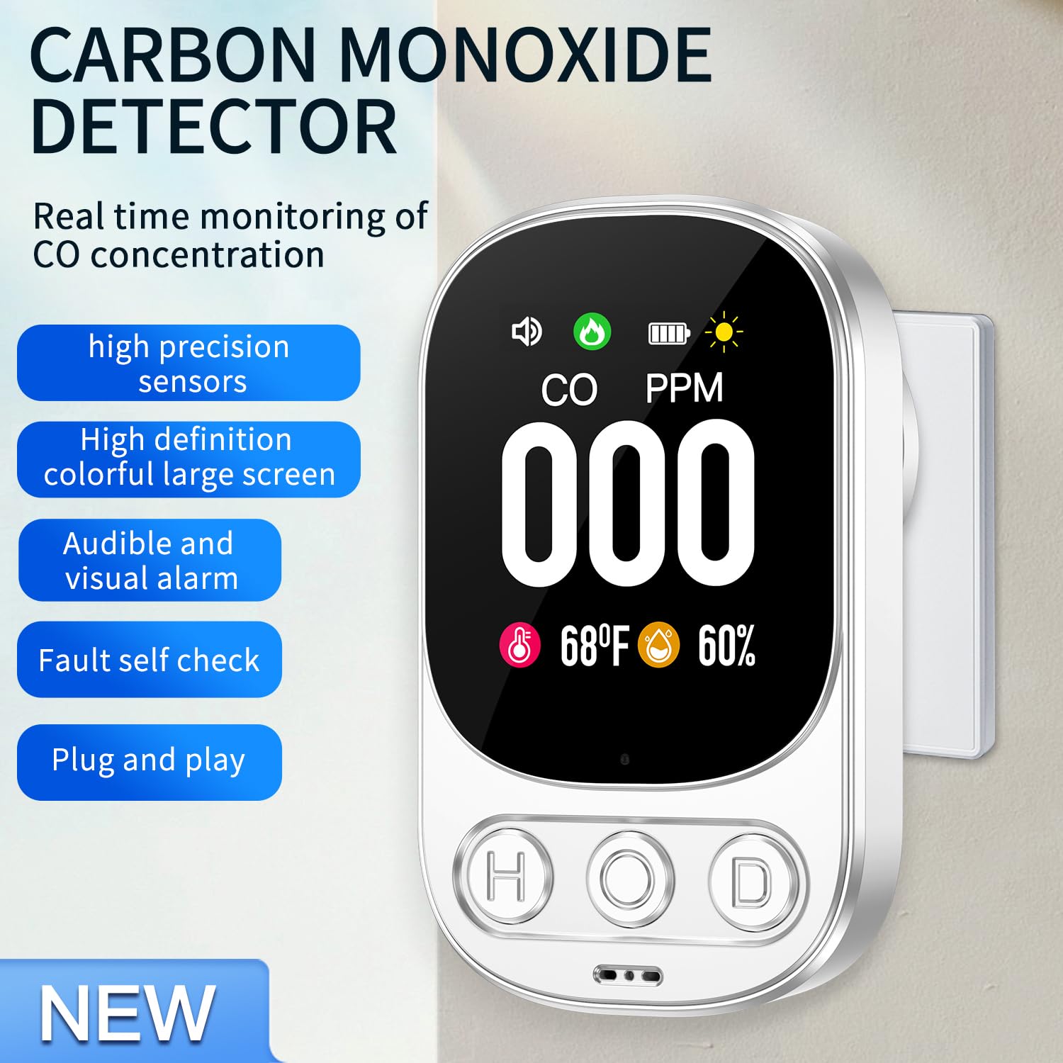 Rilevatore di Monossido di Carbonio con Spina per Casa, Allarme di Monossido di Carbonio, Rivelatore di CO, con Sensori di Temperatura e Umidità, Bianco, HD08-B
