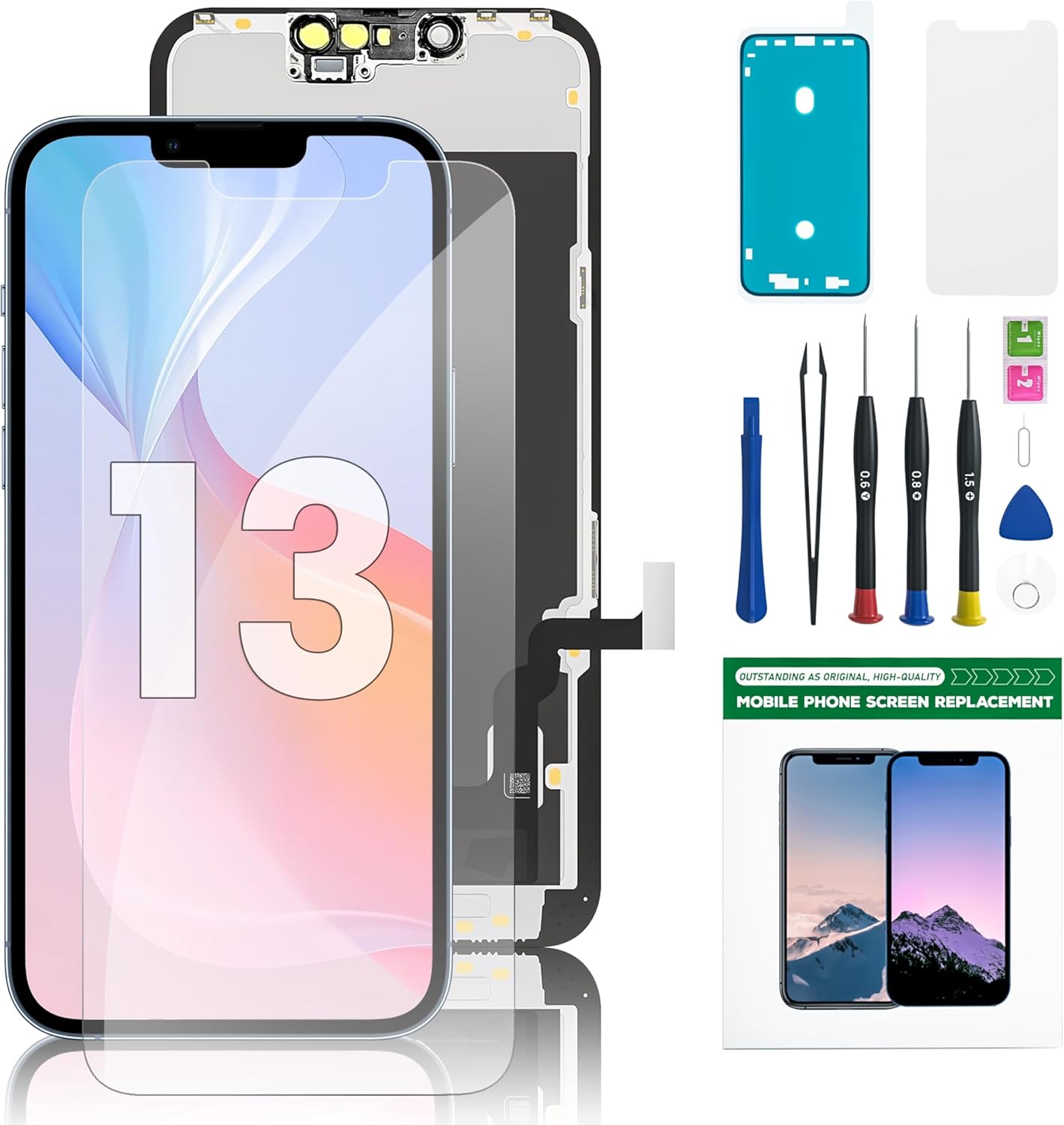 for iPhone 13 Screen Replacement 6.1 Inch LCD Display & Digitizer Assembly with Repair Tool Kit, Screen Protector & Adhesive Seal – Fits A2633 A2482 A2631 A2634 A2635