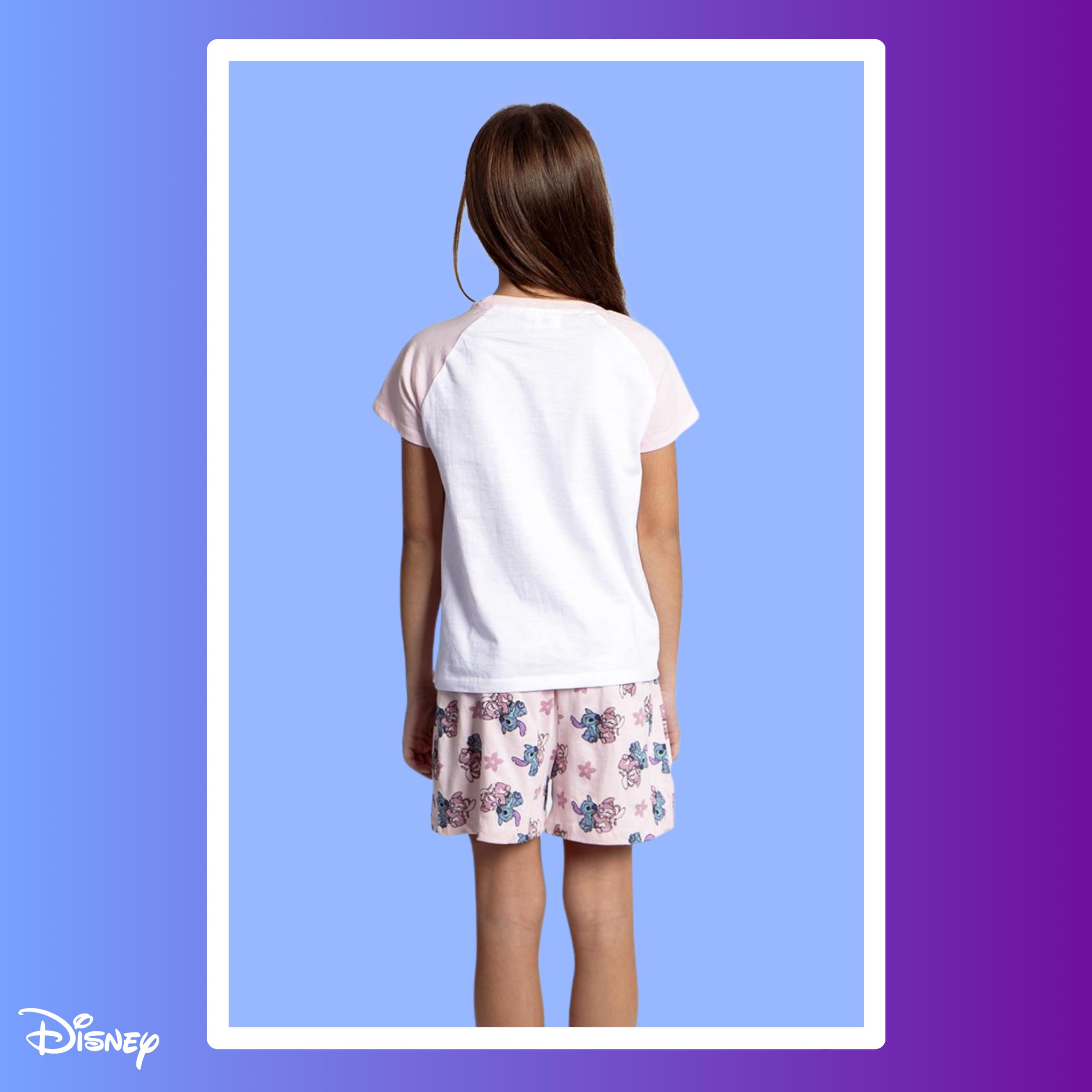 Disney Stitch T-Shirt et Short pour Fille, Pyjama en Coton Doux, Ensemble D'été 2 Pièces Stitch et Angel, Tailles 8 à 14 Ans