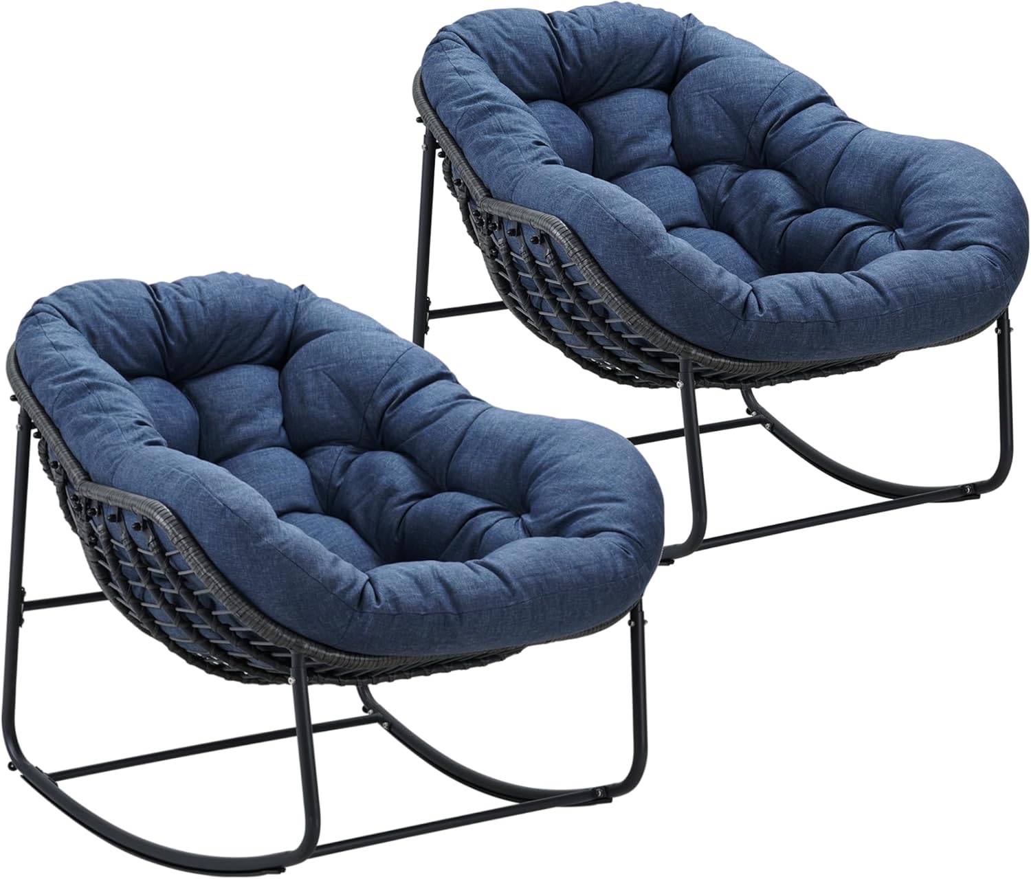 Indoor & Outdoor Rocking Chairs Set of 2, Oversized Rattan Royal Rocking Chair with Padded Cushion, Rocker Egg Chair for Living Room, Patio, Front Porch, Backyard, Navy Blue
