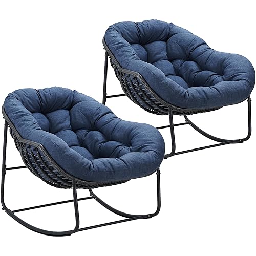 Indoor & Outdoor Rocking Chairs Set of 2, Oversized Rattan Royal Rocking Chair with Padded Cushion, Rocker Egg Chair for Living Room, Patio, Front Porch, Backyard, Navy Blue
