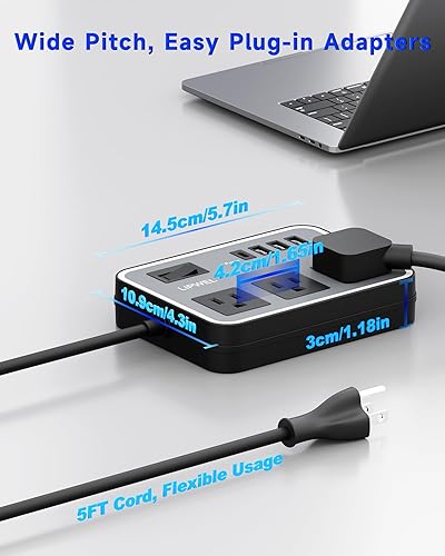 Miniatura 7 de Regleta de alimentación de 3 tomas con 3 puertos de carga USB y 1 puerto USB-C, cable de extensión de 1200 W, cable de alimentación de 5 pies,