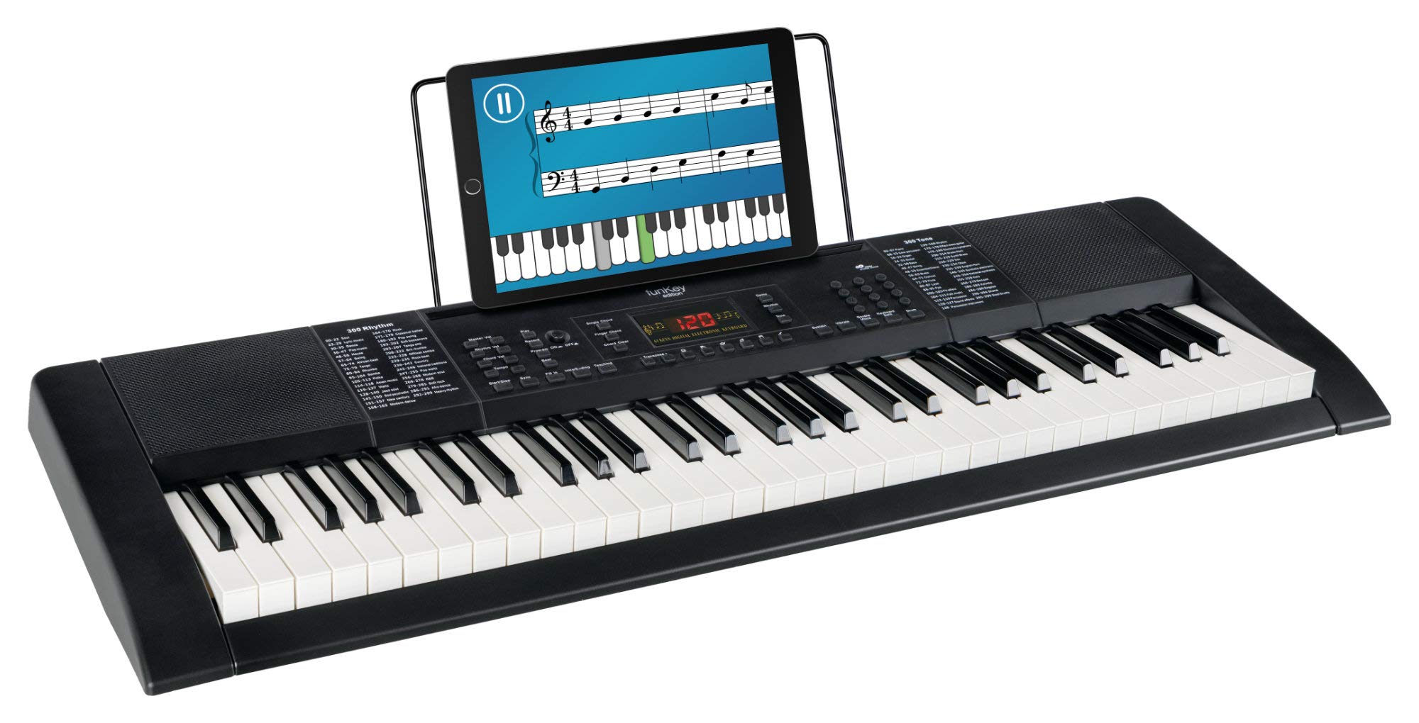 FunKey 61 Edition Nero, 300 suoni, 300 ritmi, 40 brani demo, Metronomo | Sustain, vibrato, double voice, trasposizione, split tastiera, intro/ending, drum, Funzione di registrazione, Uscita cuffie