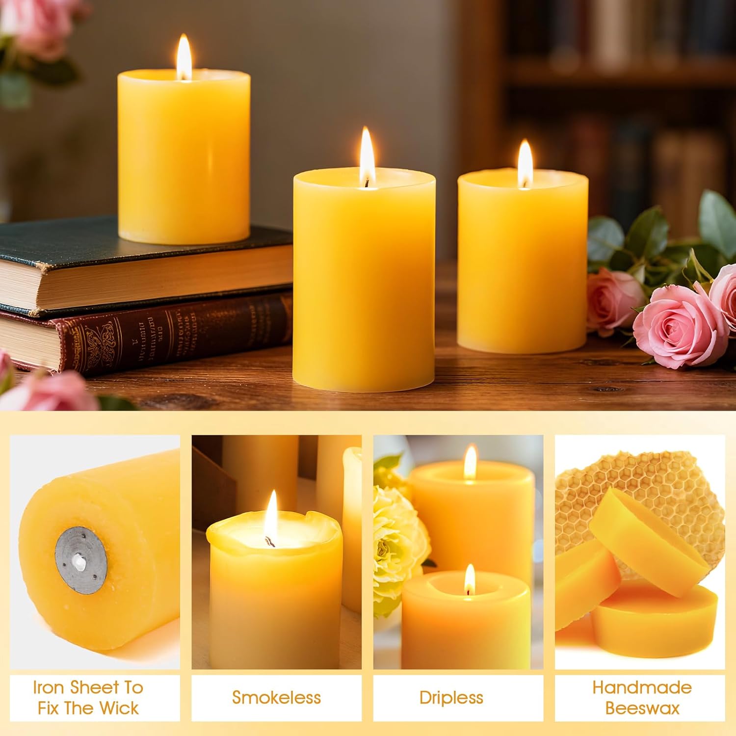 Natural Beeswax Pillar Candles 6 Pack, Pure Beeswax Candles-210 Hours Long Burning, Bees Wax Candles for Home,Paryer,Parties, Dripless Pillar Beeswax Candle Bulk 2x4in - Image 5