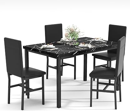Recaceik Dining Table Set for 4, Kitchen Table and Chairs Set with Faux Marble Tabletop & 4 Leather Upholstered Chairs for Kitchen Dining Room, Breakfast Nook, Compact Space, Dinette Set