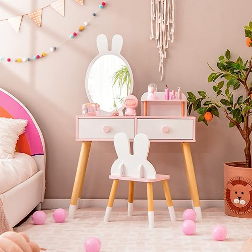 Miniatura 27 de HONEY JOY Juego de mesa y silla de maquillaje de madera con temática de conejo para niños pequeños con 2 cajones grandes, patas de madera de haya,