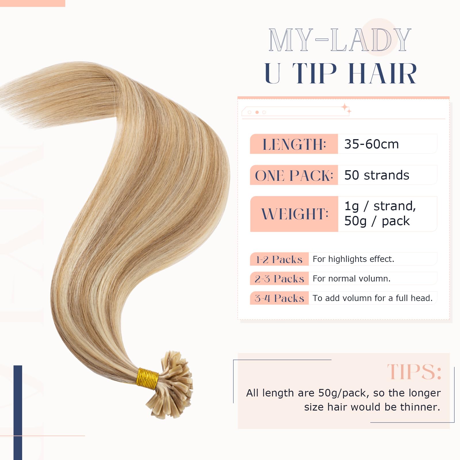 MY-LADY Echthaar Extensions Bondings 60 cm #12P613 Goldbraun&blond, Keratin U-Tip Remy Echthaar Highlight Haarverlängerung, 50 Strähne 1g/s 50g