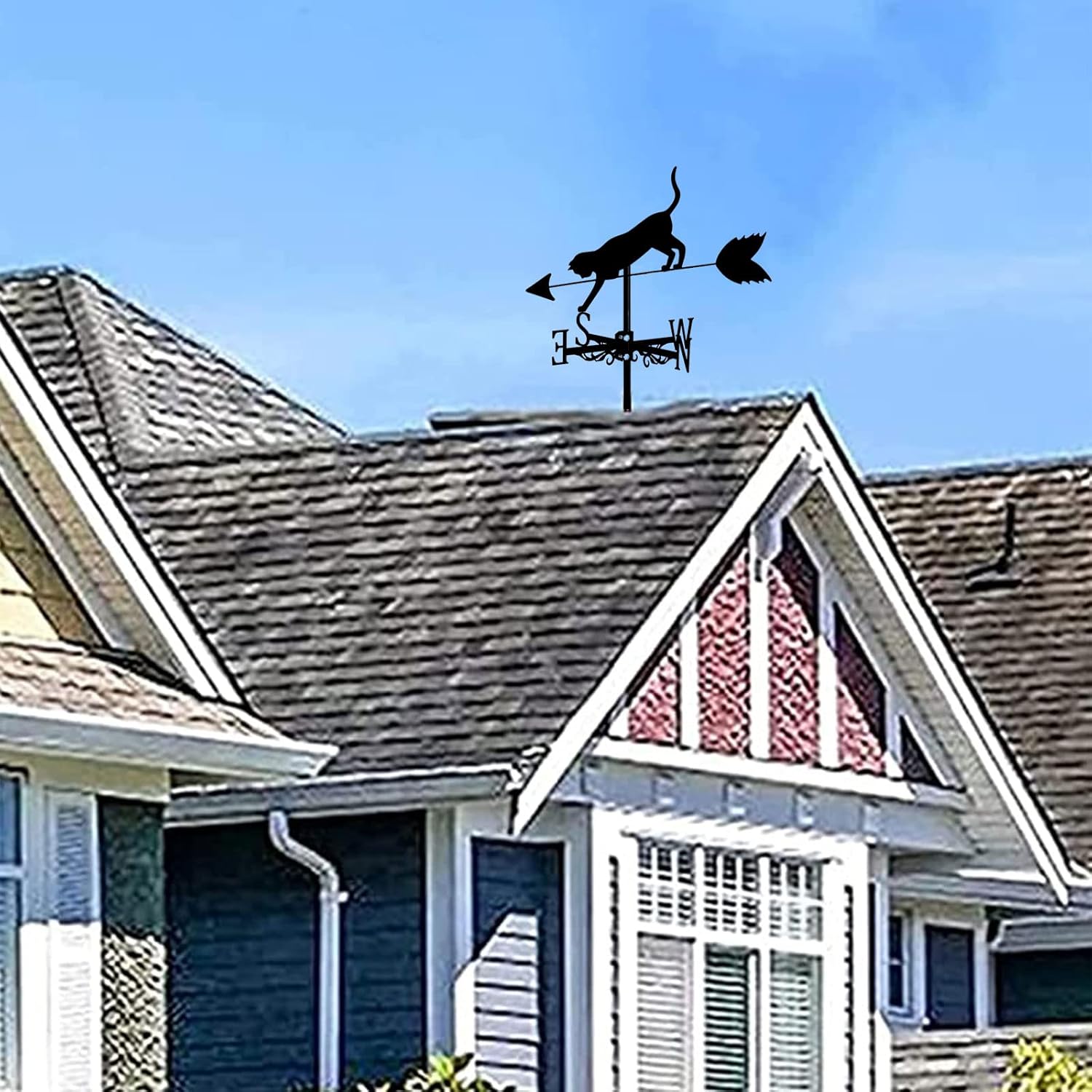 Roof Cat Weathervane, Farmhouse Metal Animals Ornament Wind Vane Creative Direction Indicator Measuring Tool for Outdoor Lawn Fence Posts Pergola, Easy to Assemble