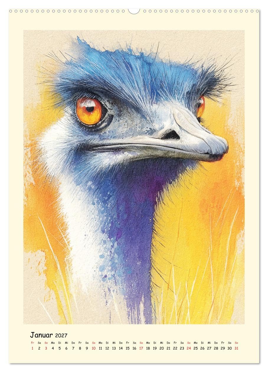 Strauße. Afrikas große Laufvögel in Aquarelloptik (Wandkalender 2027 DIN A2 hoch), CALVENDO Monatskalender: Die majestätische Ruhe und dynamische ... in schönen Illustrationen (CALVENDO Tiere)