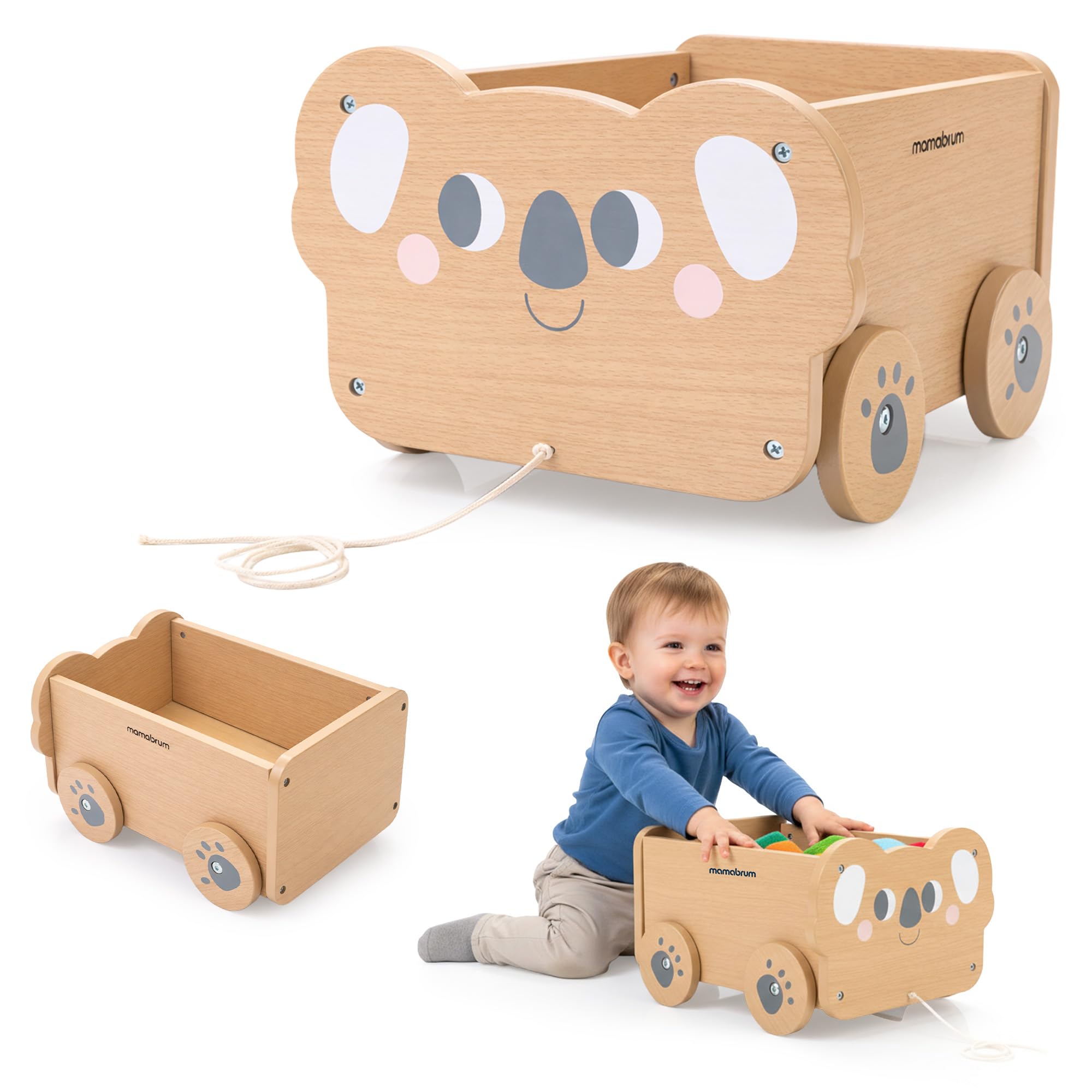 Mamabrum Carrito de Madera Koala para Niños con Cuerda, Juguete de Arrastre con Espacio de Almacenaje 5,54 l, Carro Infantil Educativo para Juego Diario