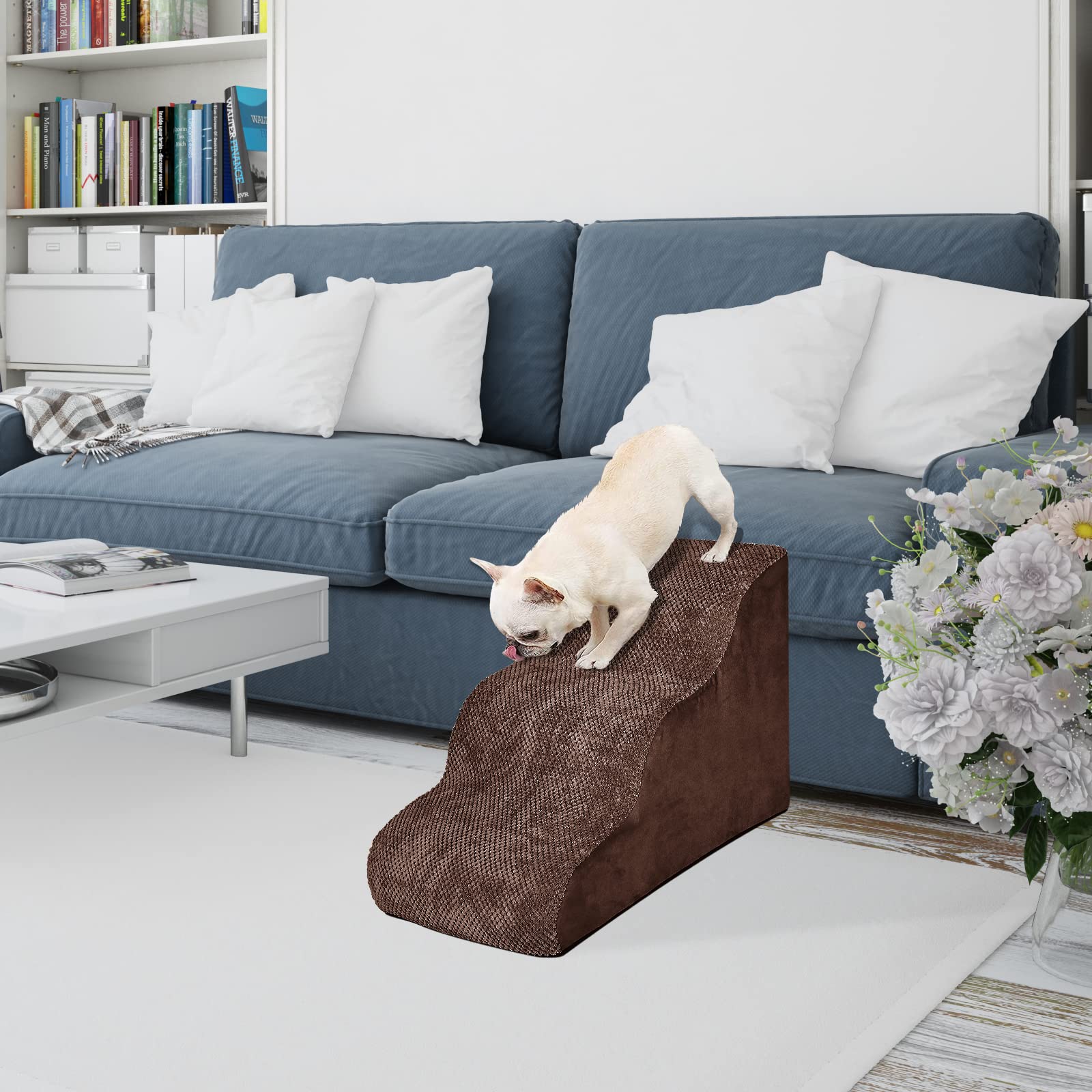 GONICVIN Hondentrap, 3 treden, huisdiertrap voor kleine, middelgrote honden en katten, antislip, zachte hondentrap met afneembare, wasbare overtrek, geschikt voor bed, bank