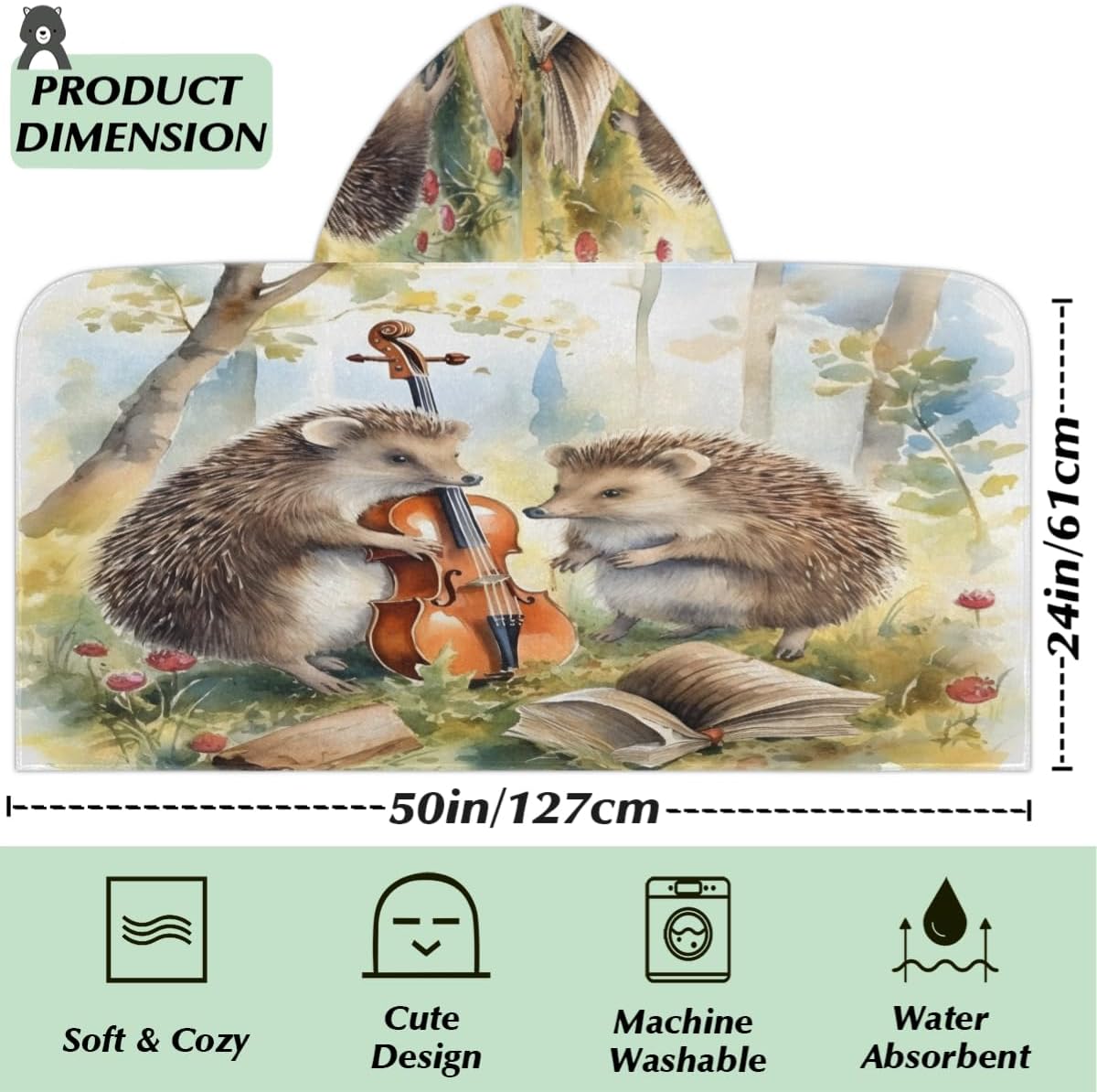 Pardick Kids Bath Towel Wild Hedgehog Beach Towel with Hood Pool Cover Up for Girls Boys Soft Absorbent Hooded Bath Towel Toddler Towels for Beach, Pool