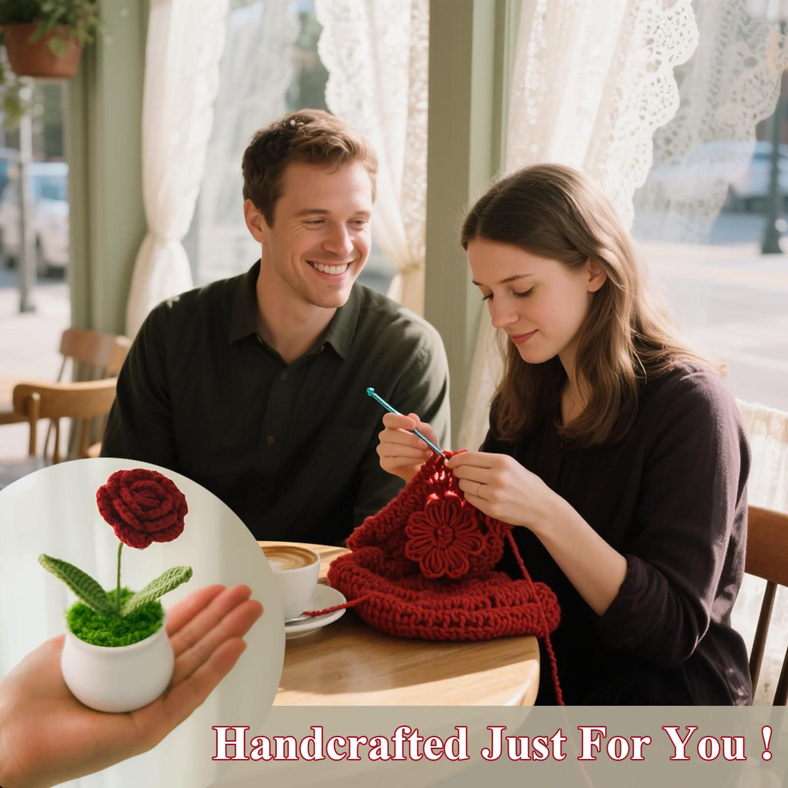 Joekaran Crochet Flowers Cute Rose Gifts for Girlfriend, Boyfriend Valentines Birthday Gifts for him her, Wedding, Anniversary, Christmas Romantic Couples I Love You Gift from Husband(Burgundy Rose)