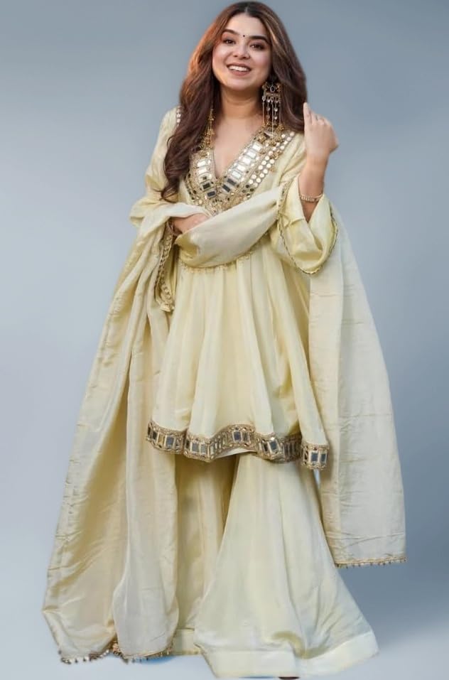 Women's Beautiful Heavy Chinon Silk Real Mirror Work Salwar Suits Ready-to-Wear Wedding & Festive Ethnic Outfit