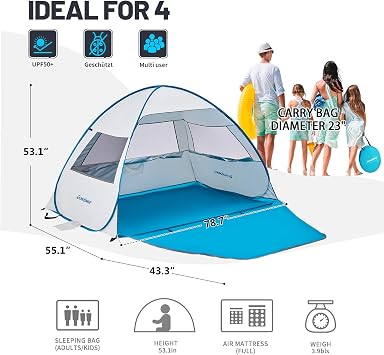 EchoSmile Pop Up Tent for 4 Person Family, Beach Tent Sun Shelter with UPF 50+ UV Protection & Waterproof, Lightweight & Easy Automatic Setup Portable Cabana for Outdoor Travel (Light Blue)