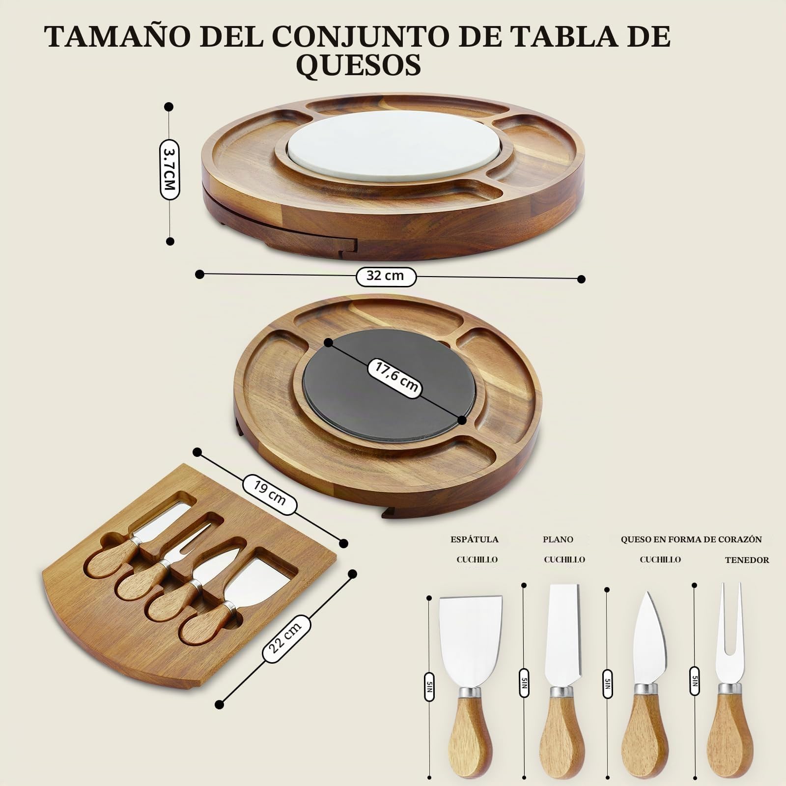 RAXCO Juego de regalo de tabla de queso de madera de acacia con placa de pizarra, tabla redonda de embutidos de 32 cm con cajón oculto y 4 cuchillos de queso especializados