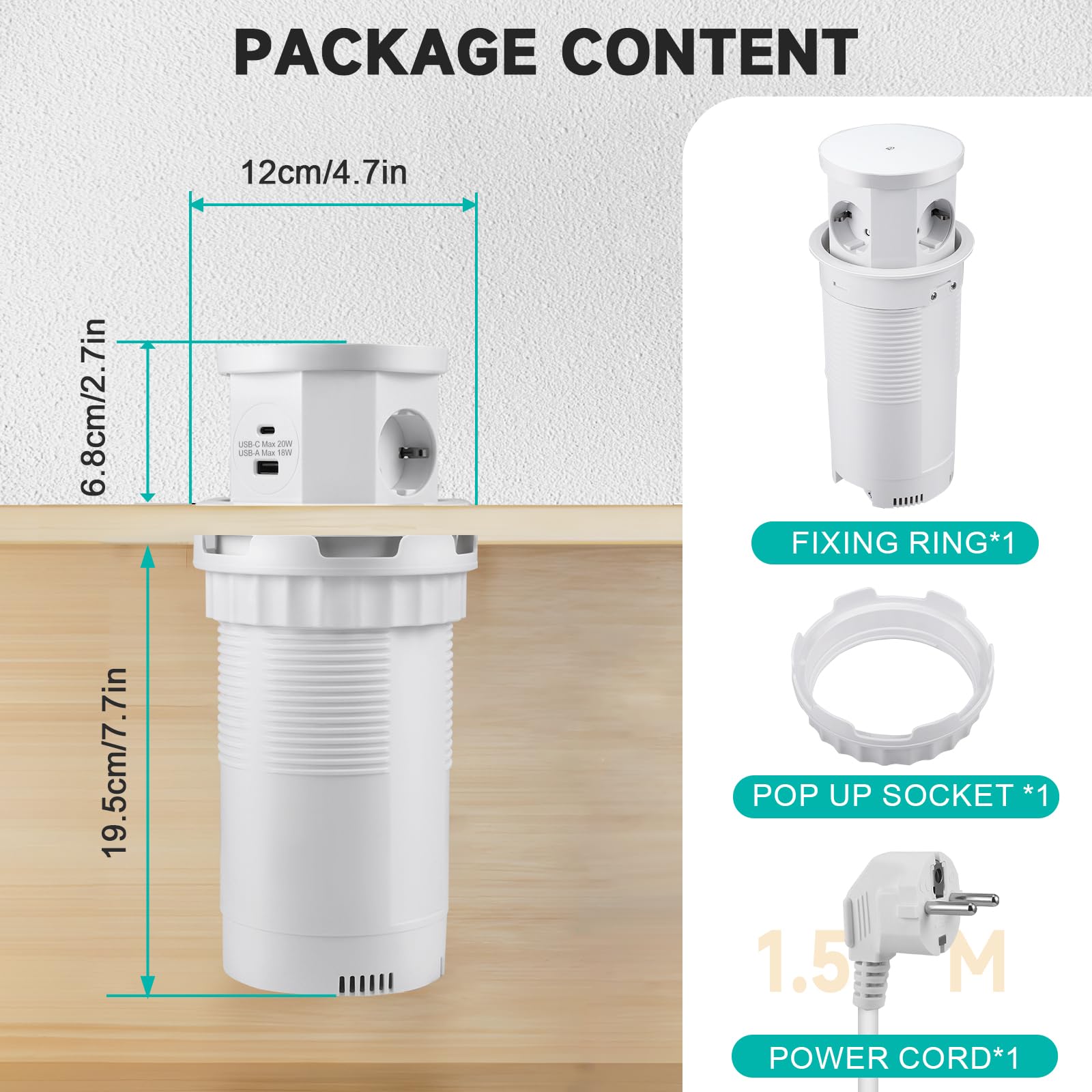 Regleta de toma empotrable para encimera, multienchufe empotrable, toma de mesa retráctil con 3 enchufes, 1 USB-C y 1 USB-A - Mesa retráctil - con cargador inalámbrico (blanco)
