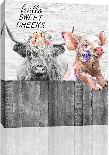 Cabeza de vaca de las tierras altas con flores y lindo cerdo lavanda decoración de baño, arte de pared Hello Sweet Cheeks de animales de granja,