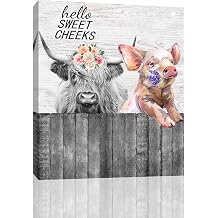 CSWMZQZY Highland Cow Head Wearing Flowers and Cute Pig Lavender Bathroom Decor Wall Art Hello Sweet Cheeks Farmhouse Animal Canvas Print Picture Framed Artwork HELLO PIG COW,Wooden frame8x10