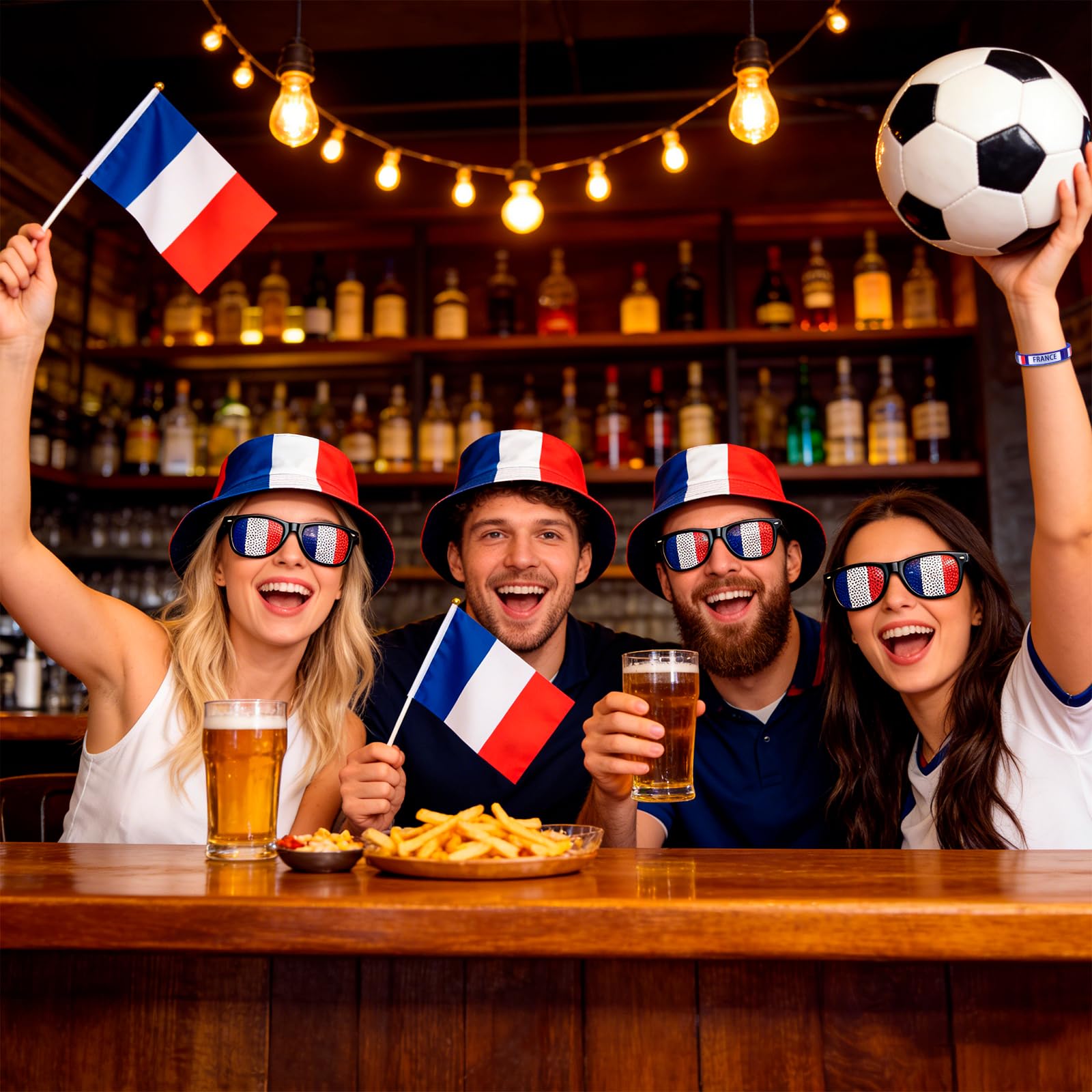 Kit Supporter France pour Grand Événement Football - Accessoires Football 6 Pièces incluant Chapeau de pêcheur Polyester, Lunettes Drapeau, 3 Pavillons à Main et Bracelet Tricolore pour Fan de Foot